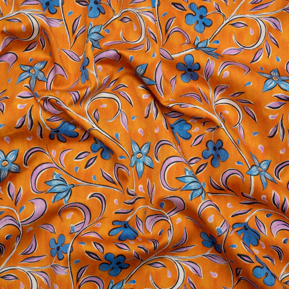 Stretch Cotton Sateen – Orange and Blue Floral – Apollo’s Laurel Print – Mood Exclusive Chariot Collection Stretch Cotton Sateen – Orange and Blue Floral – Apollo’s Laurel Print – Mood Exclusive Chariot Collection