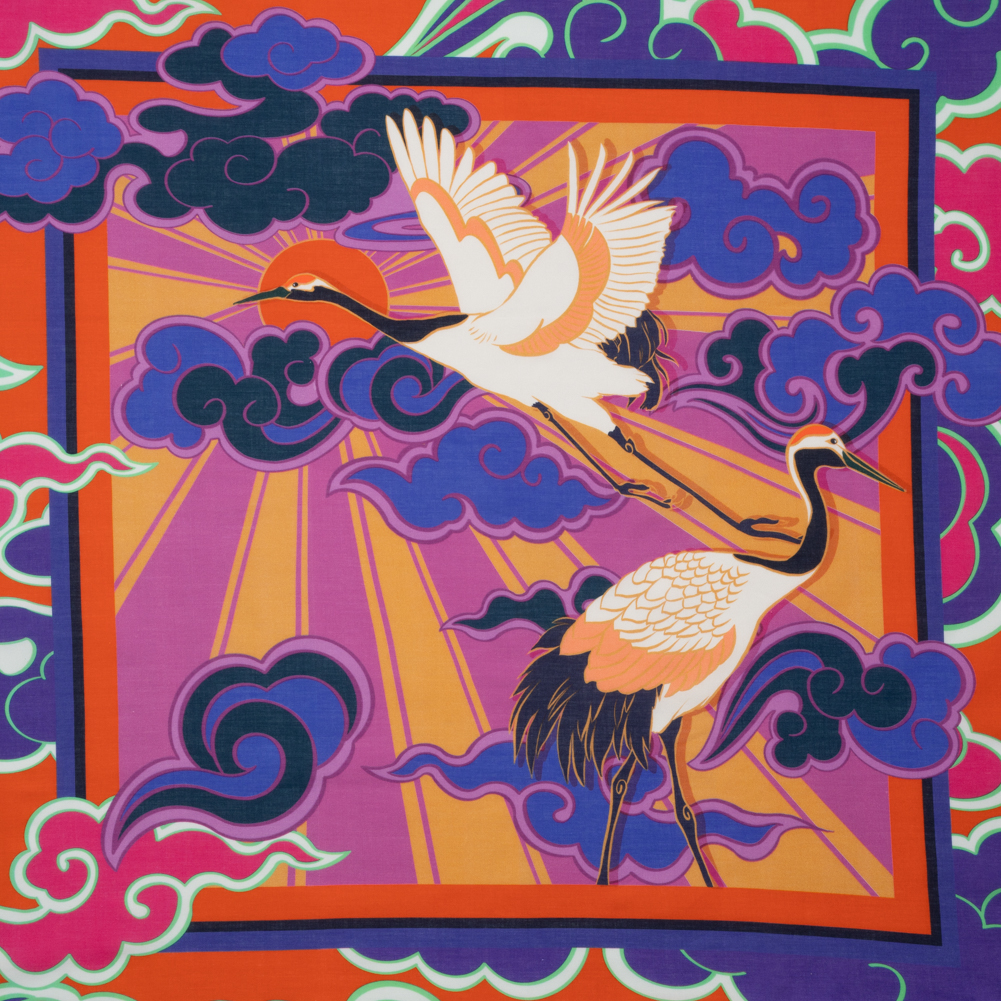 Cotton Voile Panel – Purple and Orange Cranes and Clouds – Sunrise Flight Print – Mood Exclusive Chariot Collection Cotton Voile Panel – Purple and Orange Cranes and Clouds – Sunrise Flight Print – Mood Exclusive Chariot Collection