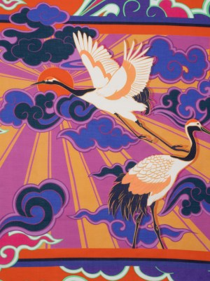 Cotton Voile Panel – Purple and Orange Cranes and Clouds – Sunrise Flight Print – Mood Exclusive Chariot Collection Cotton Voile Panel – Purple and Orange Cranes and Clouds – Sunrise Flight Print – Mood Exclusive Chariot Collection