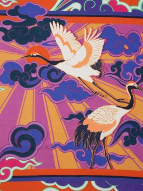 Cotton Voile Panel – Purple and Orange Cranes and Clouds – Sunrise Flight Print – Mood Exclusive Chariot Collection Cotton Voile Panel – Purple and Orange Cranes and Clouds – Sunrise Flight Print – Mood Exclusive Chariot Collection