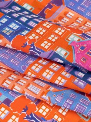 Cotton Voile – Purple, Orange and Blue Houses – Sunlit City Print – Mood Exclusive Chariot Collection Cotton Voile – Purple, Orange and Blue Houses – Sunlit City Print – Mood Exclusive Chariot Collection