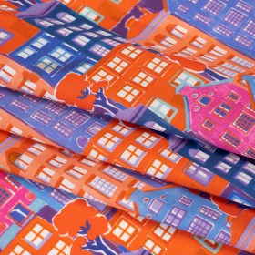Cotton Voile – Purple, Orange and Blue Houses – Sunlit City Print – Mood Exclusive Chariot Collection Cotton Voile – Purple, Orange and Blue Houses – Sunlit City Print – Mood Exclusive Chariot Collection