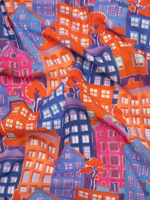 Cotton Voile – Purple, Orange and Blue Houses – Sunlit City Print – Mood Exclusive Chariot Collection Cotton Voile – Purple, Orange and Blue Houses – Sunlit City Print – Mood Exclusive Chariot Collection