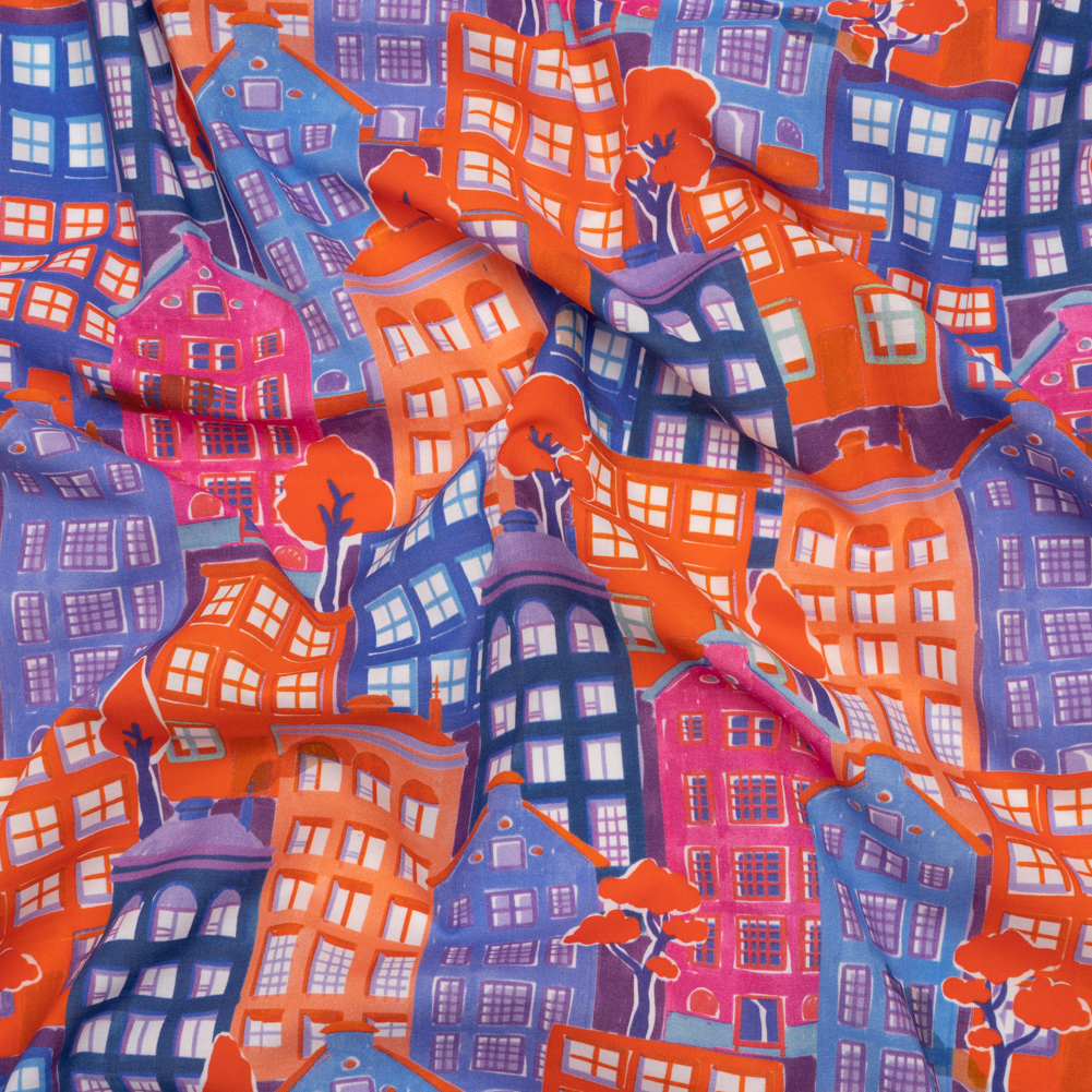 Cotton Voile – Purple, Orange and Blue Houses – Sunlit City Print – Mood Exclusive Chariot Collection Cotton Voile – Purple, Orange and Blue Houses – Sunlit City Print – Mood Exclusive Chariot Collection
