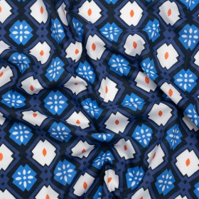 Cotton Voile – Blue and Orange Geometric – Santorini Spritz Print – Mood Exclusive Chariot Collection Cotton Voile – Blue and Orange Geometric – Santorini Spritz Print – Mood Exclusive Chariot Collection