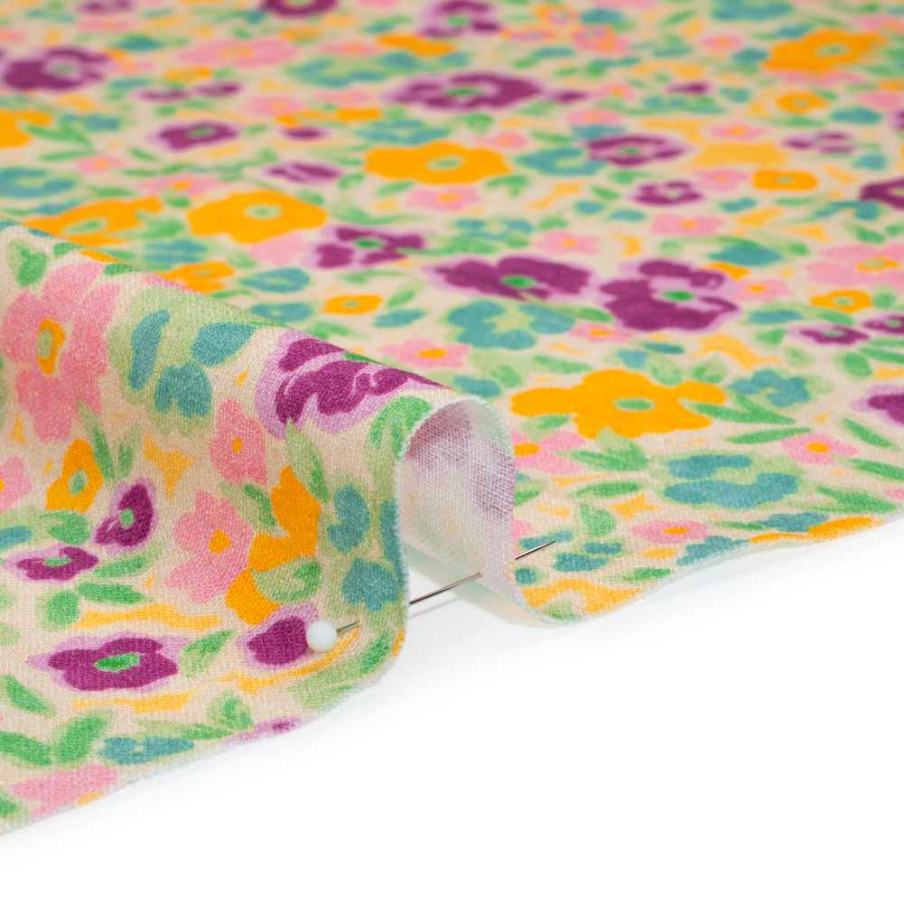 Linen-Rayon Woven - Yellow and Plum Floral - Midsummer Meadow Print - Mood Exclusive Chariot Collection