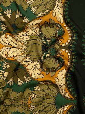 Rayon Challis – Olive Green, Teal and Mango Orange Wavy Floral Stripes – Nymphโs Harvest Print – Mood Exclusive Acadia Collection Rayon Challis – Olive Green, Teal and Mango Orange Wavy Floral Stripes – Nymphโs Harvest Print – Mood Exclusive Acadia Collection