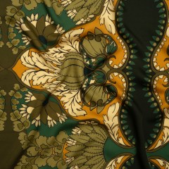 Rayon Challis – Olive Green, Teal and Mango Orange Wavy Floral Stripes – Nymph’s Harvest Print – Mood Exclusive Acadia Collection Rayon Challis – Olive Green, Teal and Mango Orange Wavy Floral Stripes – Nymph’s Harvest Print – Mood Exclusive Acadia Collection