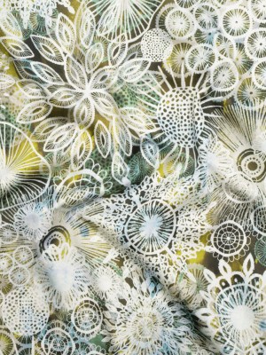Stretch Cotton Sateen – Olive Green, Sky Blue and White Flowers and Circles – Kaleidoscope Sunbeam Print – Mood Exclusive Acadia Collection Stretch Cotton Sateen – Olive Green, Sky Blue and White Flowers and Circles – Kaleidoscope Sunbeam Print – Mood Exclusive Acadia Collection