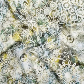 Stretch Cotton Sateen – Olive Green, Sky Blue and White Flowers and Circles – Kaleidoscope Sunbeam Print – Mood Exclusive Acadia Collection Stretch Cotton Sateen – Olive Green, Sky Blue and White Flowers and Circles – Kaleidoscope Sunbeam Print – Mood Exclusive Acadia Collection