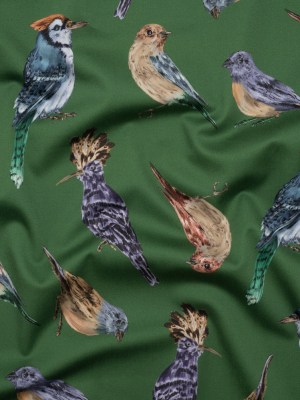 Stretch Cotton Sateen – Green, Blue and Beige Little Birds – Birdsong Saunter Print – Mood Exclusive Acadia Collection Stretch Cotton Sateen – Green, Blue and Beige Little Birds – Birdsong Saunter Print – Mood Exclusive Acadia Collection