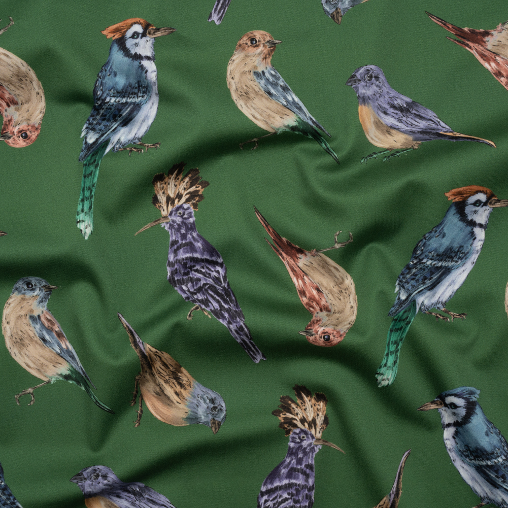 Stretch Cotton Sateen – Green, Blue and Beige Little Birds – Birdsong Saunter Print – Mood Exclusive Acadia Collection Stretch Cotton Sateen – Green, Blue and Beige Little Birds – Birdsong Saunter Print – Mood Exclusive Acadia Collection