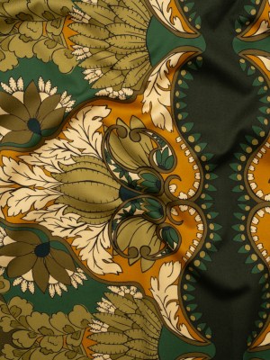 Stretch Cotton Sateen – Olive Green, Teal and Mango Orange Wavy Floral Stripes – Nymph’s Harvest Print – Mood Exclusive Acadia Collection Stretch Cotton Sateen – Olive Green, Teal and Mango Orange Wavy Floral Stripes – Nymph’s Harvest Print – Mood Exclusive Acadia Collection