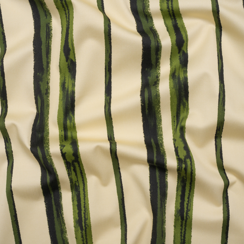 Stretch Cotton Sateen – Cream and Green Painted Stripes – Verdant Trail Print – Mood Exclusive Acadia Collection Stretch Cotton Sateen – Cream and Green Painted Stripes – Verdant Trail Print – Mood Exclusive Acadia Collection