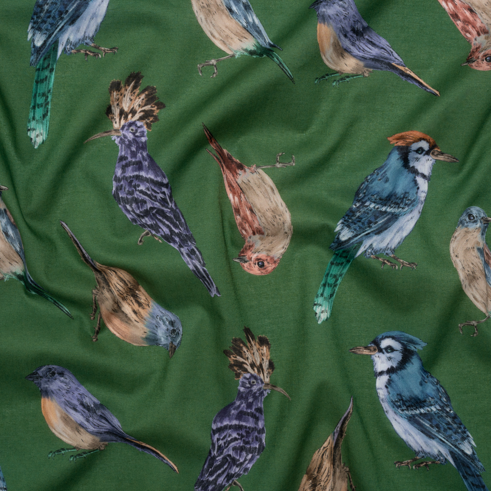Cotton Voile – Green, Blue and Beige Little Birds – Birdsong Saunter Print – Mood Exclusive Acadia Collection Cotton Voile – Green, Blue and Beige Little Birds – Birdsong Saunter Print – Mood Exclusive Acadia Collection