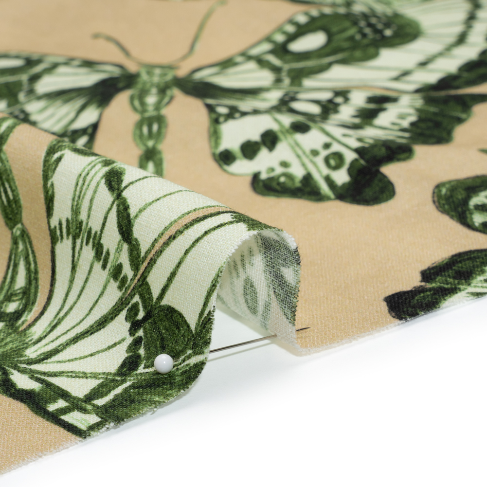 Linen and Rayon Woven - Green and Cream Butterflies - Monarch Mountain Print - Mood Exclusive Acadia Collection