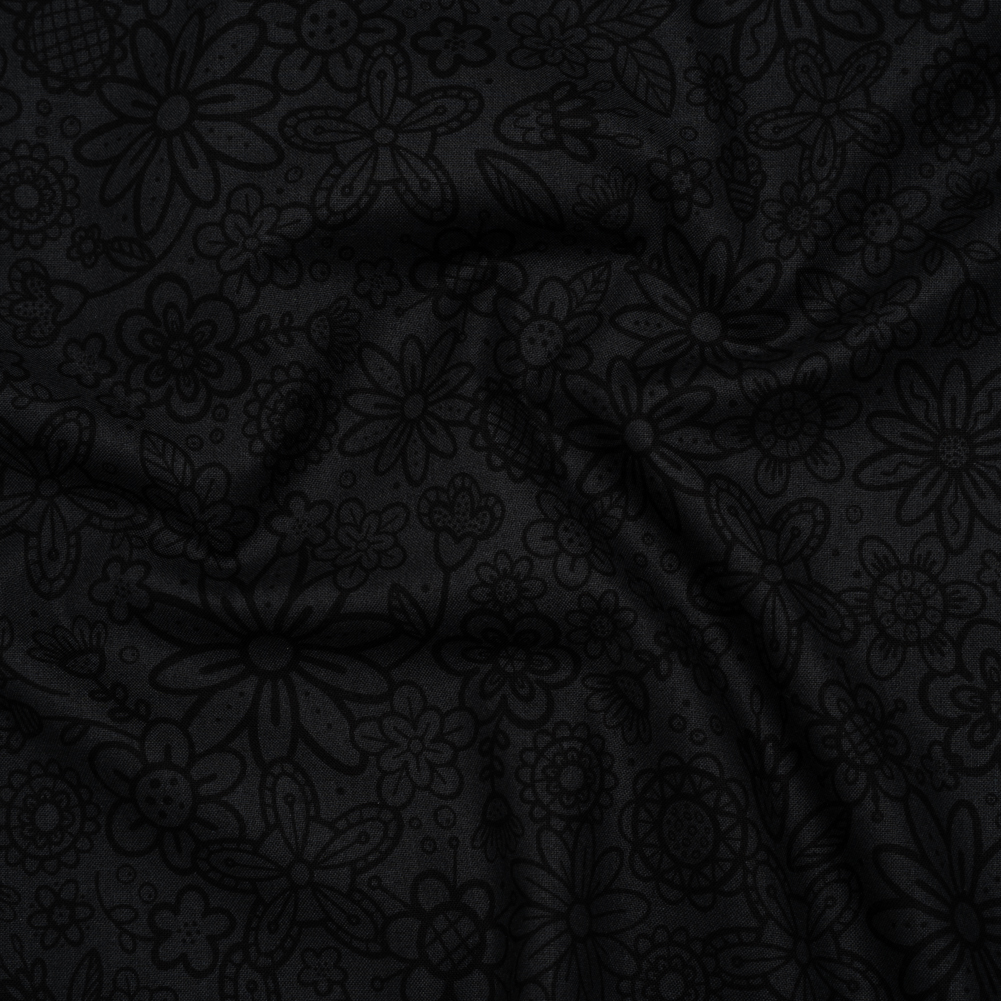 Printed Quilting Cotton by Patrick Lose for Northcott – Black on Black Groovy Garden Floral – Basically Black & White Collection Printed Quilting Cotton by Patrick Lose for Northcott – Black on Black Groovy Garden Floral – Basically Black & White Collection