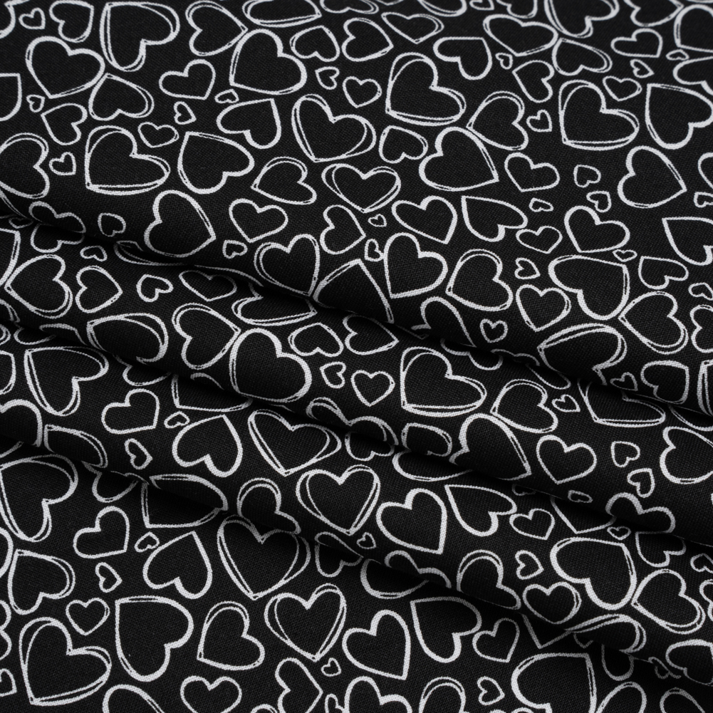 Printed Quilting Cotton by Patrick Lose for Northcott - White on Black Doodle Hearts - Basically Black & White Collection