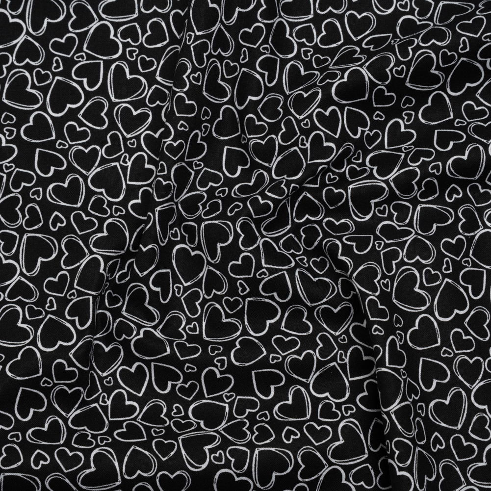 Printed Quilting Cotton by Patrick Lose for Northcott – White on Black Doodle Hearts – Basically Black & White Collection Printed Quilting Cotton by Patrick Lose for Northcott – White on Black Doodle Hearts – Basically Black & White Collection