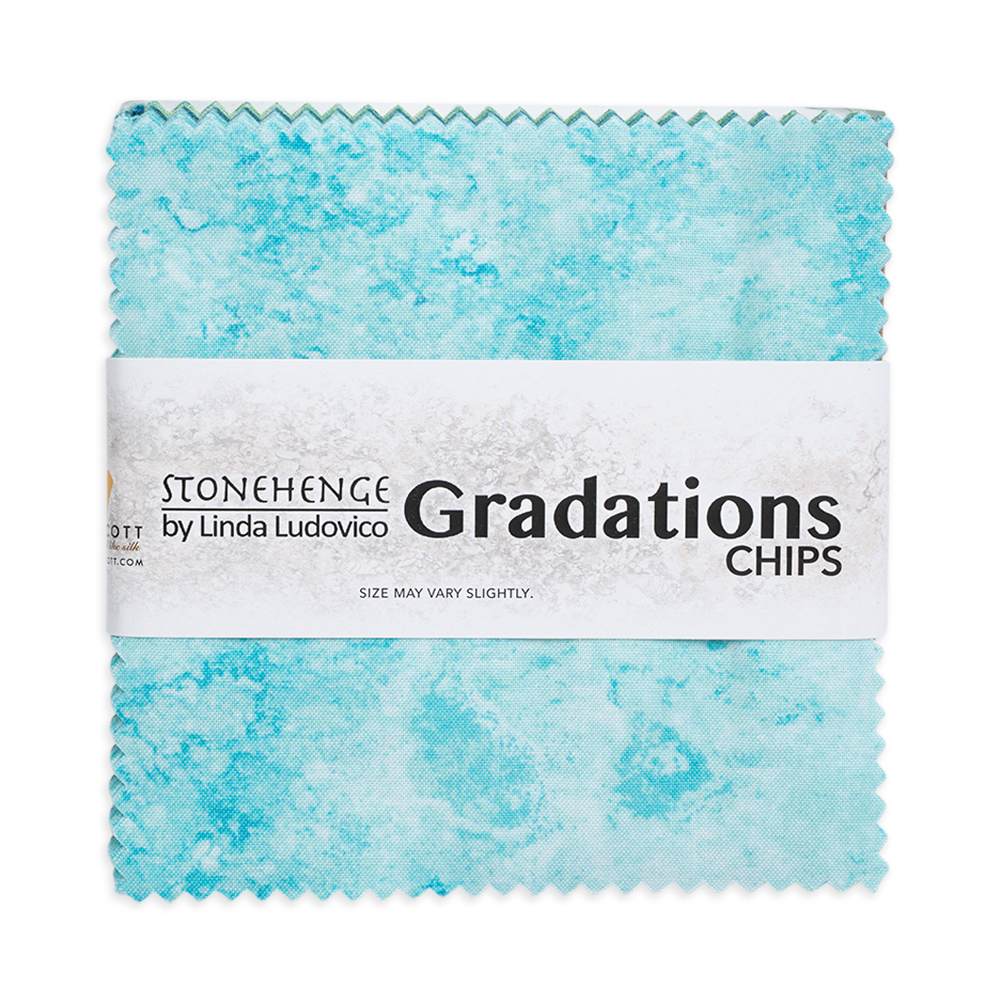 Stonehenge Quilting Cotton Chips 5″ Square Precuts – Peacock – Gradations II Collection Stonehenge Quilting Cotton Chips 5″ Square Precuts – Peacock – Gradations II Collection