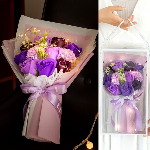 아르띠콜로 장미 카네이션 LED 기념일 꽃다발, 퍼플