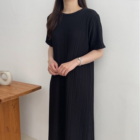 바이엘르 플리츠 A라인 스판 반팔 주름 롱 원피스