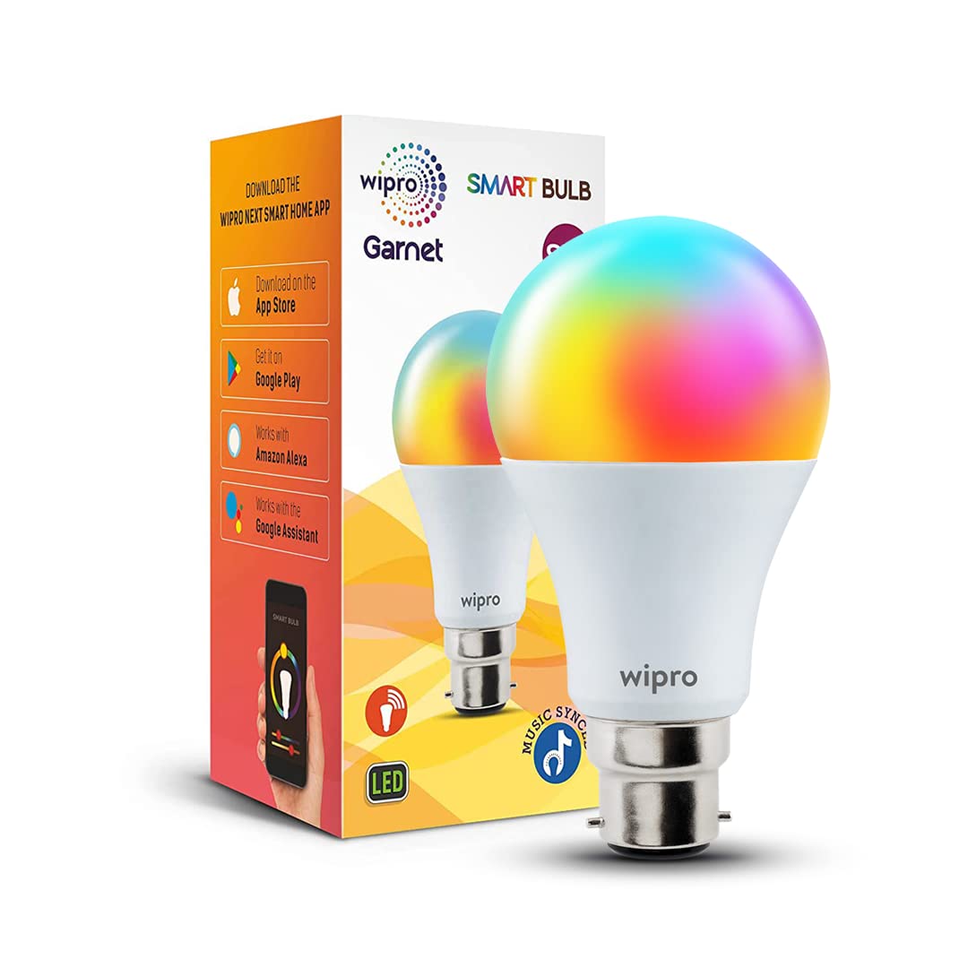 wipro 9-Watt B22 WiFi Smart LED Bulb with Music Sync (16 Million Colours + Warm White/Neutral White/White) (Compatible with Amazon Alexa and Google Assistant), Standard (NS9400)(Pack of 1) wipro 9-Watt B22 WiFi Smart LED Bulb with Music Sync (16 Million Colours + Warm White/Neutral White/White) (Compatible with Amazon Alexa and Google Assistant), Standard (NS9400)(Pack of 1)