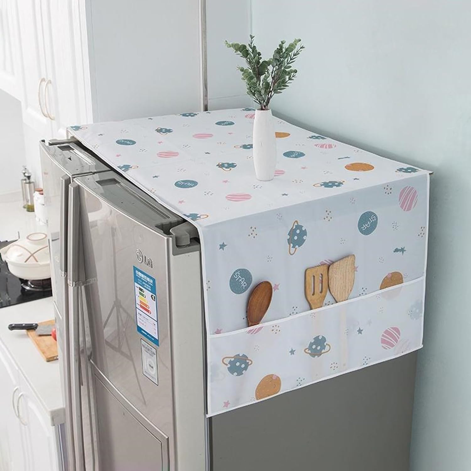 WINZELLA 1Pc Fridge Cover for Top Double Door with 6 Utility Pockets Designer Prints Waterproof ((130 x 55 cm) WINZELLA 1Pc Fridge Cover for Top Double Door with 6 Utility Pockets Designer Prints Waterproof ((130 x 55 cm)