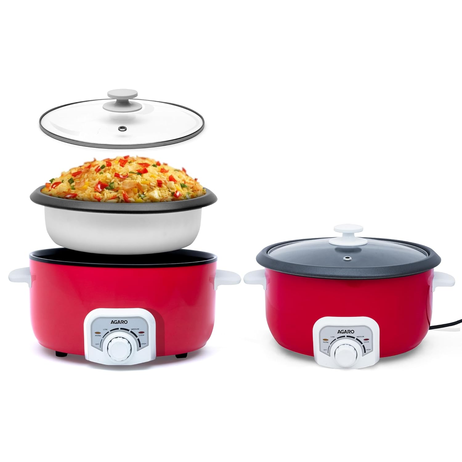 AGARO Regal Electric Multi Cooking Pot, 3L, 1200W, Steamer, Fryer, Aluminium Pot, Glass Lid, Adjustable Temperature Control, Rice, Veggies, Red. AGARO Regal Electric Multi Cooking Pot, 3L, 1200W, Steamer, Fryer, Aluminium Pot, Glass Lid, Adjustable Temperature Control, Rice, Veggies, Red.