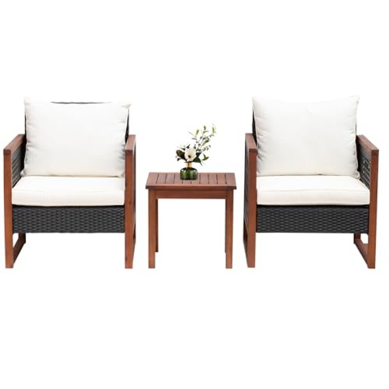 3 Pieces Patio Set Wicker Patio Furniture Acacia Wood Outdoor Patio Furniture Set Rattan Chair Conversation Sets Bistro Set with Coffee Table and Water Resistant Cushions(Khaki) 3 Pieces Patio Set Wicker Patio Furniture Acacia Wood Outdoor Patio Furniture Set Rattan Chair Conversation Sets Bistro Set with Coffee Table and Water Resistant Cushions(Khaki)