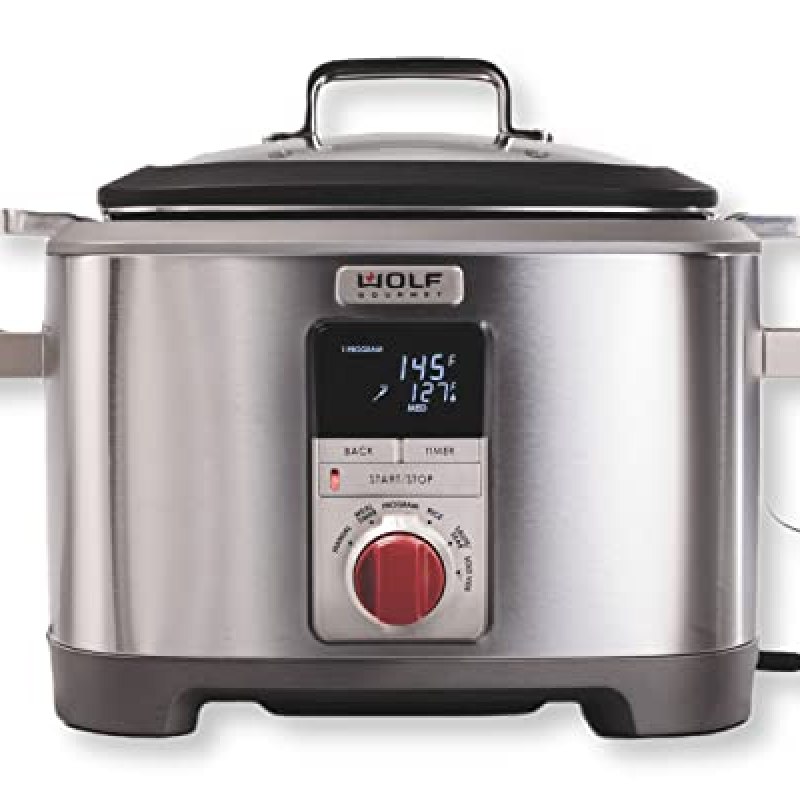 Wolf Gourmet Programmable 6-in-1 Multi Cooker with Temperature Probe, 7 qrt, Slow Cook, Rice, Sauté, Sear, Sous Vide, Stainless Steel, Red Knob (WGSC100S) Wolf Gourmet Programmable 6-in-1 Multi Cooker with Temperature Probe, 7 qrt, Slow Cook, Rice, Sauté, Sear, Sous Vide, Stainless Steel, Red Knob (WGSC100S)