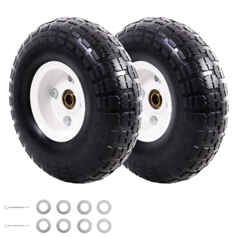 MZREXN 2-Pack 10″ Flat Free Solid Tires 4.10/3.50-4 Tire and Wheel, with 5/8″ Axle Bore Hole, 2″-2.2″ Offset Hub, for Hand Truck, Garden Cart,Trolleys, Yard Trailers, Utility Cart, White MZREXN 2-Pack 10″ Flat Free Solid Tires 4.10/3.50-4 Tire and Wheel, with 5/8″ Axle Bore Hole, 2″-2.2″ Offset Hub, for Hand Truck, Garden Cart,Trolleys, Yard Trailers, Utility Cart, White
