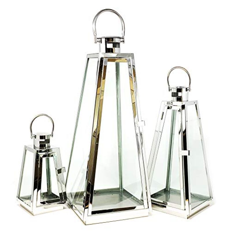 Allgala 3-PC Lantern Set 24 Inch Jumbo Deluxe Modern Indoor/Outdoor Candle Lantern Set Silver Chrome Stainless Steel Tapered Trapezoid Frame with Tempered Glass for Garden Patio Fireplace Wedding Allgala 3-PC Lantern Set 24 Inch Jumbo Deluxe Modern Indoor/Outdoor Candle Lantern Set Silver Chrome Stainless Steel Tapered Trapezoid Frame with Tempered Glass for Garden Patio Fireplace Wedding