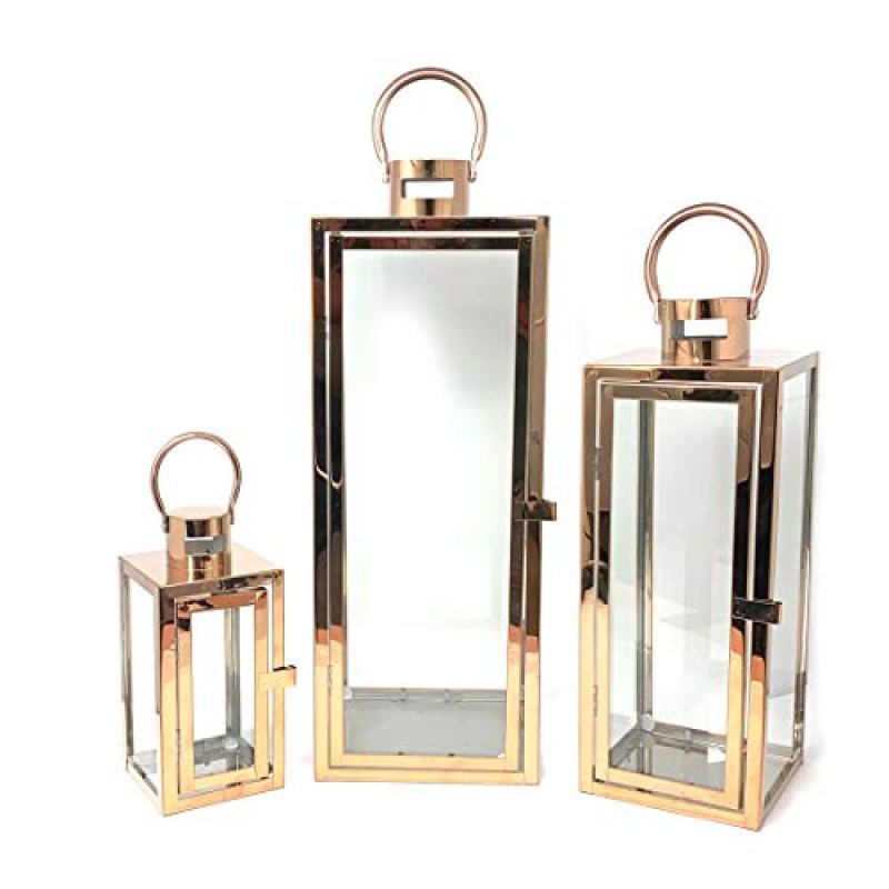 Allgala 3-PC Lantern Set 23 Inch Jumbo Deluxe Modern Indoor/Outdoor Candle Lantern Set Stainless Steel Frame Tempered Glass Rectangular Rose Gold for Garden Poolside Fireplace Wedding Allgala 3-PC Lantern Set 23 Inch Jumbo Deluxe Modern Indoor/Outdoor Candle Lantern Set Stainless Steel Frame Tempered Glass Rectangular Rose Gold for Garden Poolside Fireplace Wedding