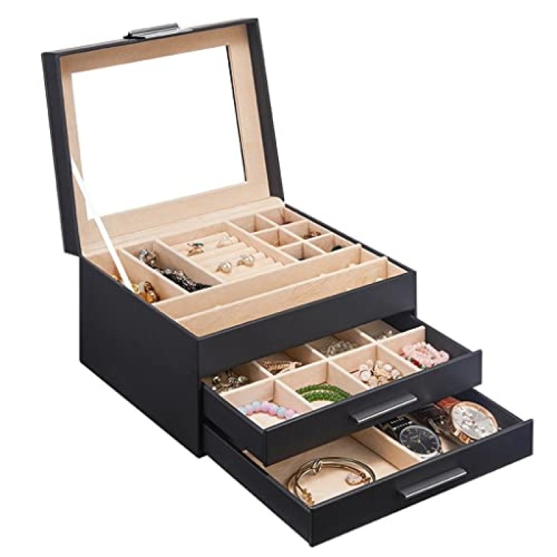 CYYHGD Jewellery Box with Glass Lid, 3 Layers Jewellery Organizer with 2 Drawers, Jewellery Case, Jewellery Display Stand, Storage Gift for Women, Jewellery Case CYYHGD Jewellery Box with Glass Lid, 3 Layers Jewellery Organizer with 2 Drawers, Jewellery Case, Jewellery Display Stand, Storage Gift for Women, Jewellery Case