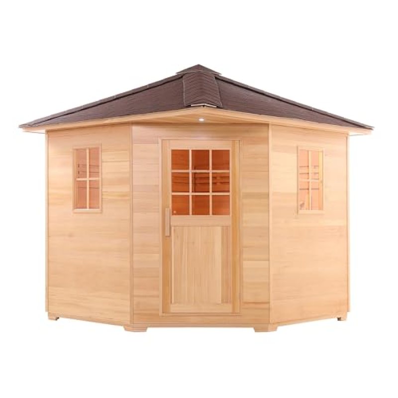 ALEKO Sauna Cottage with Asphalt Roof and Accessories | Canadian Hemlock Wood | Wet Steam Room | Outdoor | 8 Person | Upgraded Premium European 8 kW Harvia KIP Electric Heater | SKD8HEM ALEKO Sauna Cottage with Asphalt Roof and Accessories | Canadian Hemlock Wood | Wet Steam Room | Outdoor | 8 Person | Upgraded Premium European 8 kW Harvia KIP Electric Heater | SKD8HEM