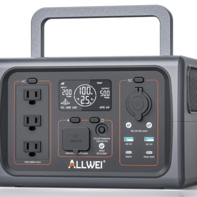 ALLWEI Portable Power Station 500W(Surge 1000W), 512Wh LiFePO4 Battery, Solar Generator Fast Charge, UPS Mode, 3 110V AC Outlets, Battery Generator for RV Camping Emergency Home Climbing Fishing ALLWEI Portable Power Station 500W(Surge 1000W), 512Wh LiFePO4 Battery, Solar Generator Fast Charge, UPS Mode, 3 110V AC Outlets, Battery Generator for RV Camping Emergency Home Climbing Fishing