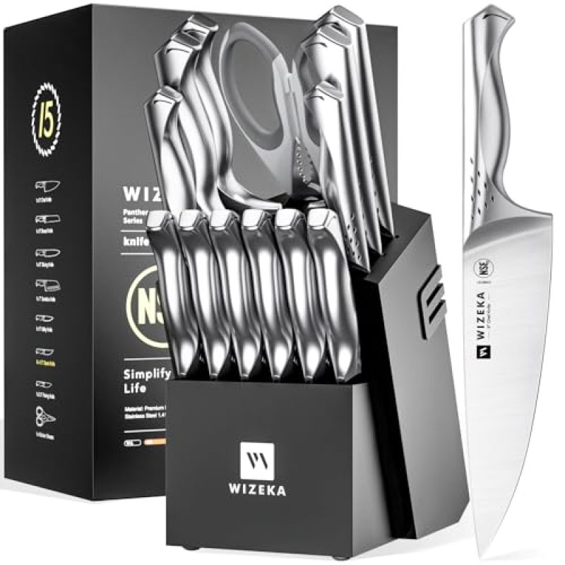 WIZEKA Kitchen Knife Set with Block: Razor Sharp 15 Pcs Professional Chef Knife Set with Knife Sharpener, Food Grade German Stainless Steel Knife Block Set, Jaguar Series WIZEKA Kitchen Knife Set with Block: Razor Sharp 15 Pcs Professional Chef Knife Set with Knife Sharpener, Food Grade German Stainless Steel Knife Block Set, Jaguar Series