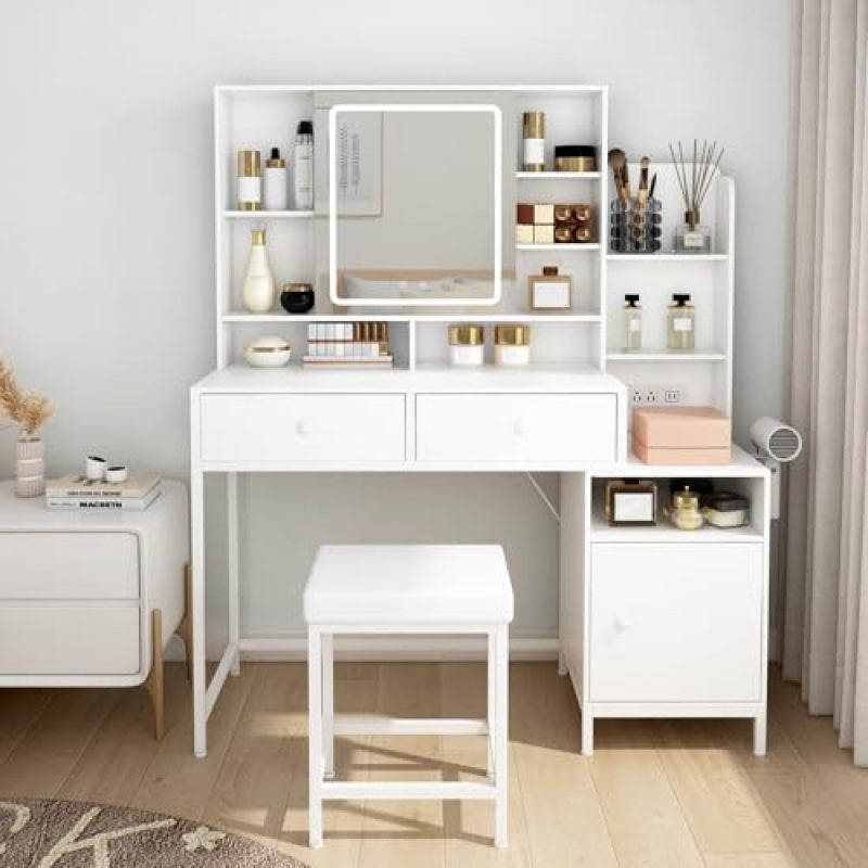 WIIS’ IDEA Vanity Desk with Mirror and LED Light,46.5″ White Makeup Vanity Desk with Sliding LED Mirror & Power Outlet,Vanity with 2 Drawers,for Bedroom,3 Lighting Modes,Hidden Storage Design WIIS’ IDEA Vanity Desk with Mirror and LED Light,46.5″ White Makeup Vanity Desk with Sliding LED Mirror & Power Outlet,Vanity with 2 Drawers,for Bedroom,3 Lighting Modes,Hidden Storage Design