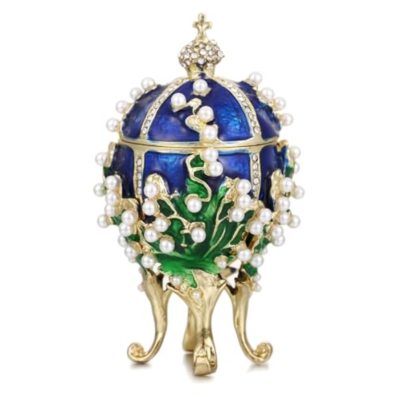 Hand Painted Enamel Pearl Flower Faberge Egg Trinket Box, Unique Hinged Floral Jewelry Box Organizer, Vintage Bejeweled Storage, Figurine Collectible Keepsake Home Decor (Blue) Hand Painted Enamel Pearl Flower Faberge Egg Trinket Box, Unique Hinged Floral Jewelry Box Organizer, Vintage Bejeweled Storage, Figurine Collectible Keepsake Home Decor (Blue)
