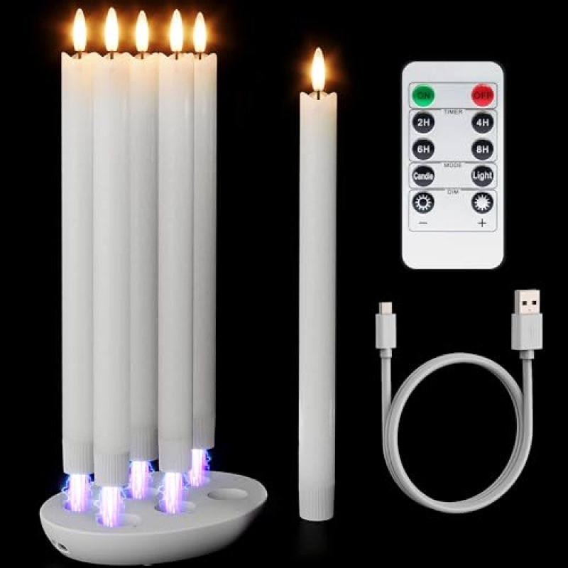 Patiphan Rechargeable Flameless Taper Candles with Charging Station, 6 Pcs Real Wax LED Taper Candles Flickering with Remote&Timer, 3D Flame Candlesticks for Home Wedding Christmas Decor (White) Patiphan Rechargeable Flameless Taper Candles with Charging Station, 6 Pcs Real Wax LED Taper Candles Flickering with Remote&Timer, 3D Flame Candlesticks for Home Wedding Christmas Decor (White)
