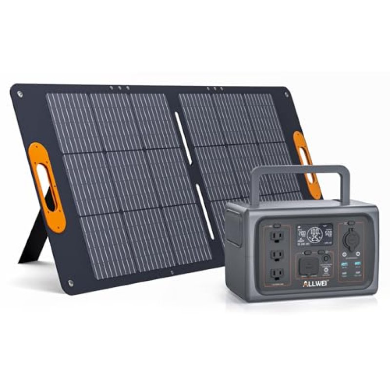 ALLWEI 500W Solar Generator with 100W Solar Panel, 512Wh LiFePO4 Portable Power Station with 3 AC Outlets(1000W Surge), Battery Generator for RVs Outdoor Camping CPAP Home Backup Power Outage ALLWEI 500W Solar Generator with 100W Solar Panel, 512Wh LiFePO4 Portable Power Station with 3 AC Outlets(1000W Surge), Battery Generator for RVs Outdoor Camping CPAP Home Backup Power Outage