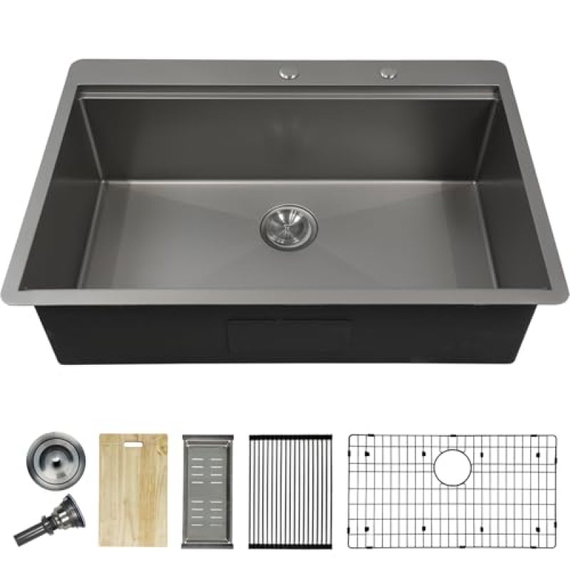 33 Inch Fine Grain Embossed Designed Silver Grey Topmount Kitchen Sink, 18/8 Stainless Steel Single Bowl Kitchen Sinks with Deep Basin, Drop in Kitchen Sink Set with Premium Accessories Included 33 Inch Fine Grain Embossed Designed Silver Grey Topmount Kitchen Sink, 18/8 Stainless Steel Single Bowl Kitchen Sinks with Deep Basin, Drop in Kitchen Sink Set with Premium Accessories Included