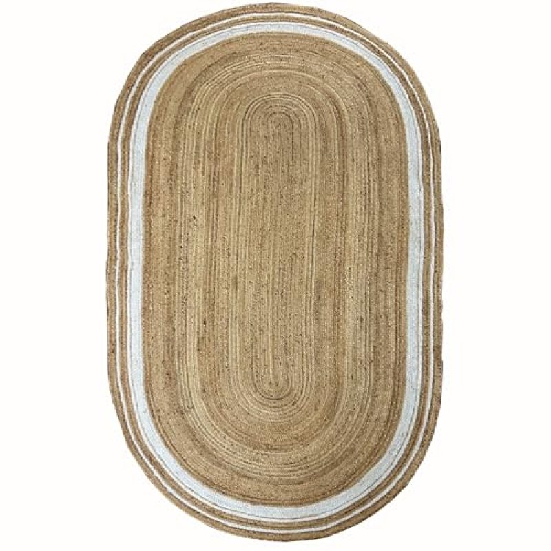 Oval Jute Runner Rug- Hand Crafted Woven Rustic Vintage Braided Reversible Runner Area Rug, Eco Friendly Ideal for High Traffic Areas for Hallway Kitchen Entryway Home Décor (White 5’ x 10’) Oval Jute Runner Rug- Hand Crafted Woven Rustic Vintage Braided Reversible Runner Area Rug, Eco Friendly Ideal for High Traffic Areas for Hallway Kitchen Entryway Home Décor (White 5’ x 10’)