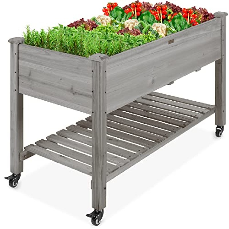Best Choice Products Raised Garden Bed 48x24x32-inch Mobile Elevated Wood Planter w/Lockable Wheels, Storage Shelf, Protective Liner – Gray Best Choice Products Raised Garden Bed 48x24x32-inch Mobile Elevated Wood Planter w/Lockable Wheels, Storage Shelf, Protective Liner – Gray