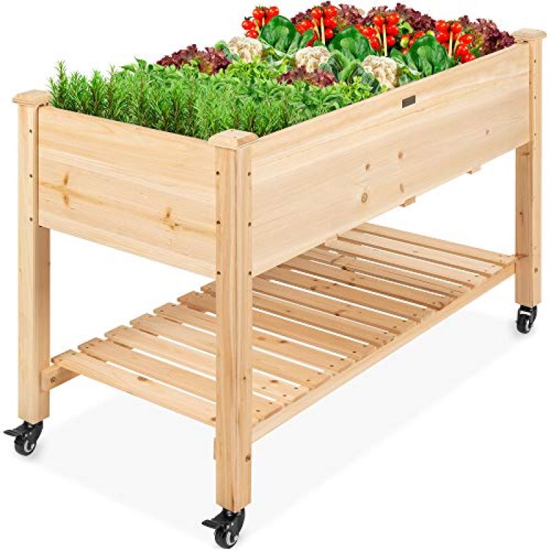 Best Choice Products Raised Garden Bed 48x24x32-inch Mobile Elevated Wood Planter w/Lockable Wheels, Storage Shelf, Protective Liner – Natural Best Choice Products Raised Garden Bed 48x24x32-inch Mobile Elevated Wood Planter w/Lockable Wheels, Storage Shelf, Protective Liner – Natural
