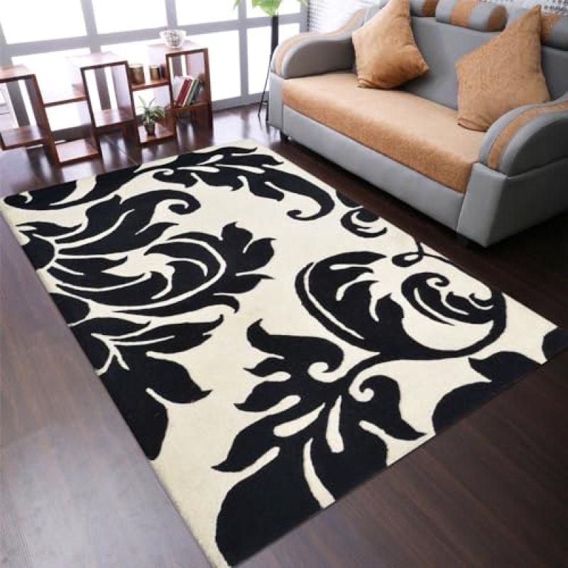 Hand Tufted Wool ECO-Friendly Area Rugs – 5’x8′, Rectangle Shape, Cream & Black, Floral Modern Design, High Pile Thick Handmade Area Rugs for Living Room, Bed Room (K00203) Hand Tufted Wool ECO-Friendly Area Rugs – 5’x8′, Rectangle Shape, Cream & Black, Floral Modern Design, High Pile Thick Handmade Area Rugs for Living Room, Bed Room (K00203)