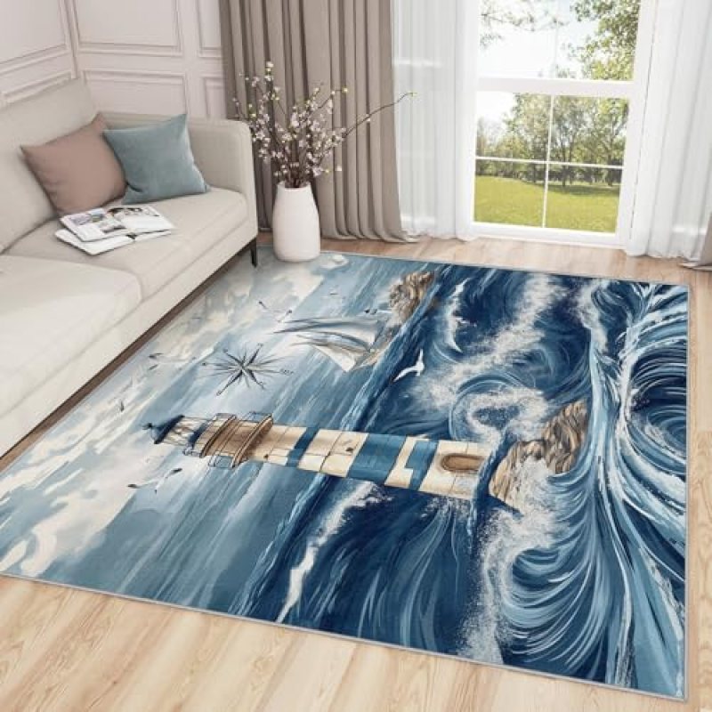 Nautical Rugs for Living Room – 6×9 Rug, Lighthouse Home Decor, Sailing Sailboat Washable Rugs for Living Room Bedroom, Boys Maritime Compass Area Rug, Ocean Wave Carpet, Nautical Gifts for Kids Nautical Rugs for Living Room – 6×9 Rug, Lighthouse Home Decor, Sailing Sailboat Washable Rugs for Living Room Bedroom, Boys Maritime Compass Area Rug, Ocean Wave Carpet, Nautical Gifts for Kids