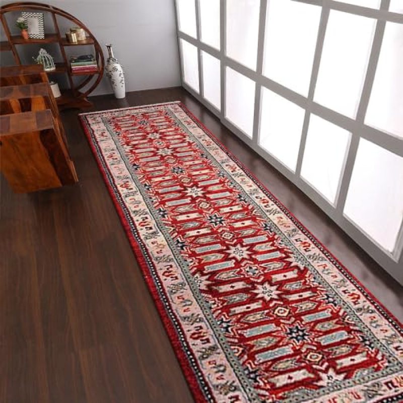 Hand Knotted Wool & Silk ECO-Friendly Oriental Area Rugs – 2’6”x10′, Runner Shape, Red Cream Color, Oriental Traditional Design, Low Pile Handmade Area Rugs for Living Room, Bed Room (AF0107) Hand Knotted Wool & Silk ECO-Friendly Oriental Area Rugs – 2’6”x10′, Runner Shape, Red Cream Color, Oriental Traditional Design, Low Pile Handmade Area Rugs for Living Room, Bed Room (AF0107)
