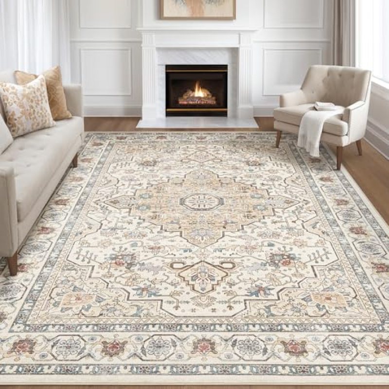 10×14 Area Rugs Living Room: Washable Boho Large Neutral Vintage Soft Rug Stain Resistant Farmhouse Non Slip Indoor Floor Carpet for Bedroom Nursery Kids Playroom Office Dining Room- Cream Blue 10×14 Area Rugs Living Room: Washable Boho Large Neutral Vintage Soft Rug Stain Resistant Farmhouse Non Slip Indoor Floor Carpet for Bedroom Nursery Kids Playroom Office Dining Room- Cream Blue